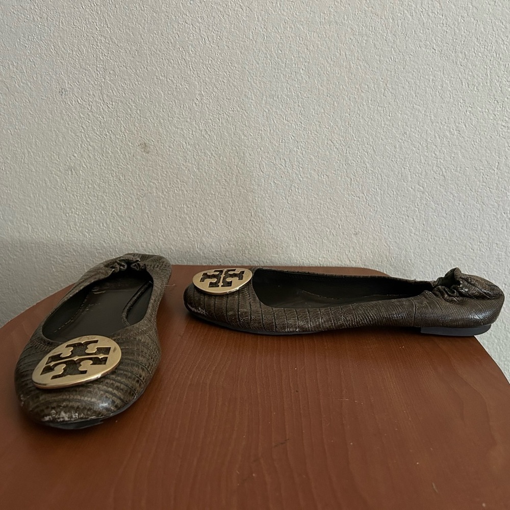 Tory Burch Olive Green Lizard Embossed Leather Minnie Ballet Flat Women’s Size 8